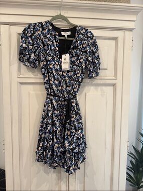 Reiss Black Floral Dress with Blue and Cream Accents
